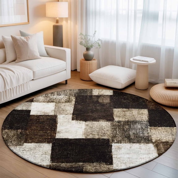 Washable Round Area Rug Brown White Gradient Farm Circle Rugs Floor Carpet for Living Room Bedroom, Abstract Color Block Soft Non Slip Round Rug 3ft