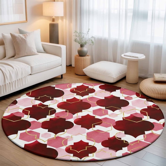 Washable Round Area Rug Burgundy Red Moroccan Texture Circle Rugs Floor Carpet for Living Room Bedroom, Retro Geometric Pattern Soft Non Slip Round Rug 3ft