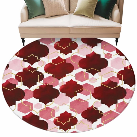 Washable Round Area Rug Burgundy Red Moroccan Texture Circle Rugs Floor Carpet for Living Room Bedroom, Retro Geometric Pattern Soft Non Slip Round Rug 5ft