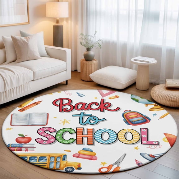 Washable Round Area Rug Bus Bag Globe Crayon Desklamp Circle Rugs Floor Carpet for Living Room Bedroom, Back to School Season Soft Non Slip Round Rug 3ft