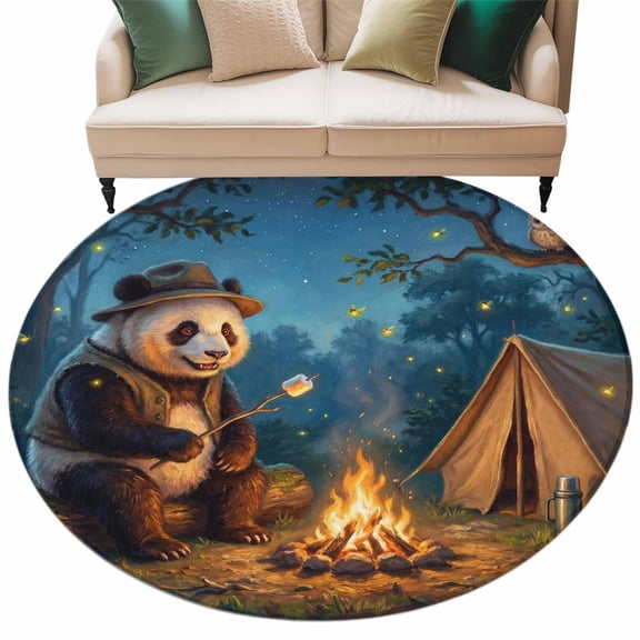 Washable Round Area Rug Camping Bonfire Panda Circle Rugs Floor Carpet for Living Room Bedroom, Nighttime Firefly Owl Soft Non Slip Round Rug 5ft