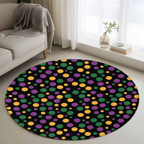 Washable Round Area Rug Carnival Colorful Polka Dots Circle Rugs Floor Carpet for Living Room Bedroom, Green Purple Yellow Dot on Black Soft Non Slip Round Rug 3ft