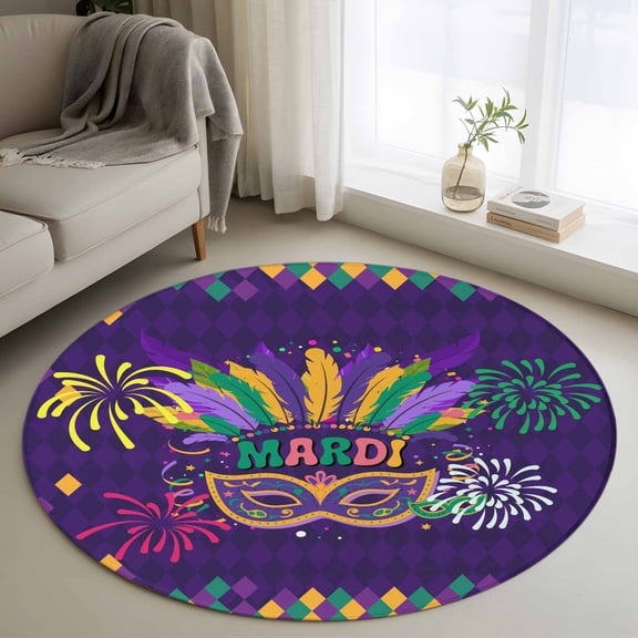 Washable Round Area Rug Carnival Ethnic Tribal Feather Circle Rugs Floor Carpet for Living Room Bedroom, Mask on Purple Diamond Grid Soft Non Slip Round Rug 3ft