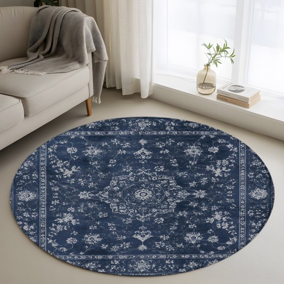 Washable Round Area Rug Central Floral Medallion Circle Rugs Floor Carpet for Living Room Bedroom, Vintage Navy Blue Soft Non Slip Round Rug 3ft