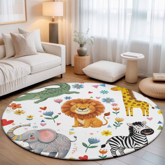 Washable Round Area Rug Children's Day Lion Elephant Circle Rugs Floor Carpet for Living Room Bedroom, Giraffe Zebra Crocodile Soft Non Slip Round Rug 3ft