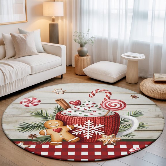 Washable Round Area Rug Christmas Gingerbread Man on Wooden Circle Rugs Floor Carpet for Living Room Bedroom, Xmas Red Plaid Snowflake Soft Non Slip Round Rug 3ft