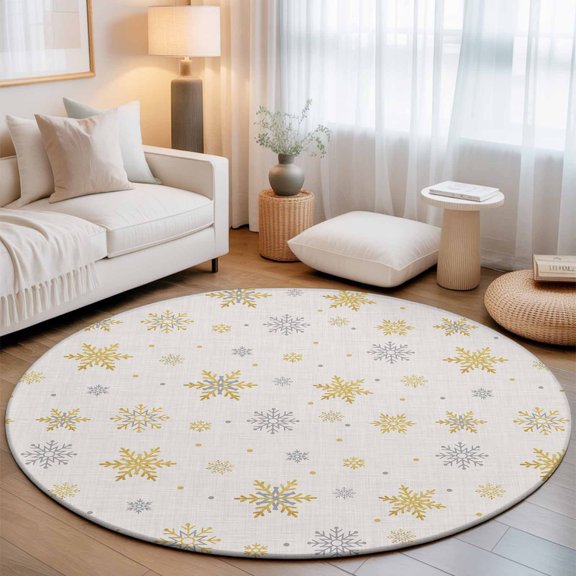 Washable Round Area Rug Christmas Gold Snowflake Retro Linen Circle Rugs Floor Carpet for Living Room Bedroom, Winter Falling Snow Soft Non Slip Round Rug 3ft