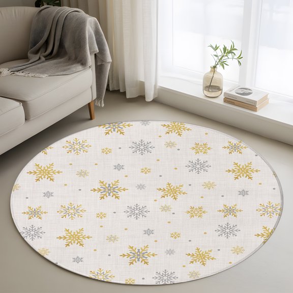 Washable Round Area Rug Christmas Gold Snowflake Retro Linen Circle Rugs Floor Carpet for Living Room Bedroom, Winter Falling Snow Soft Non Slip Round Rug 4ft