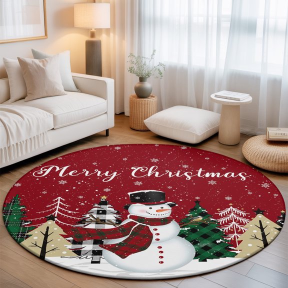 Washable Round Area Rug Christmas Snowman Green Pine Tree Circle Rugs Floor Carpet for Living Room Bedroom, Winter Snowflakes on Red Soft Non Slip Round Rug 3ft