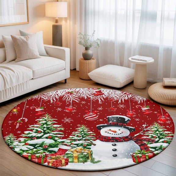 Washable Round Area Rug Christmas Tree Snowman Circle Rugs Floor Carpet for Living Room Bedroom, Winter Snowflake Fir Leaf on Red Soft Non Slip Round Rug 3ft