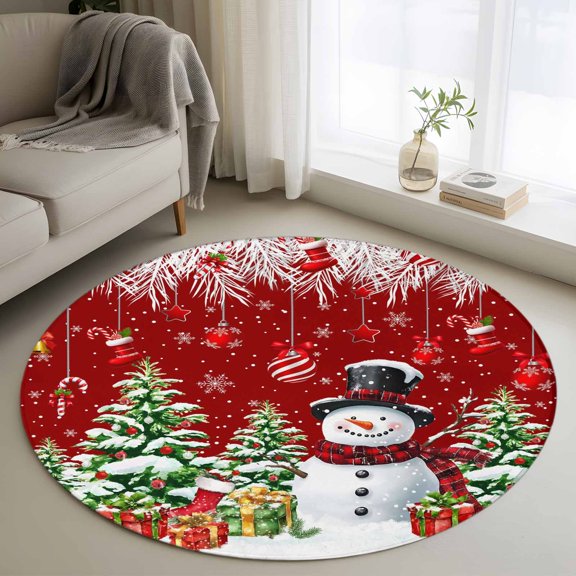 Washable Round Area Rug Christmas Tree Snowman Circle Rugs Floor Carpet for Living Room Bedroom, Winter Snowflake Fir Leaf on Red Soft Non Slip Round Rug 4ft