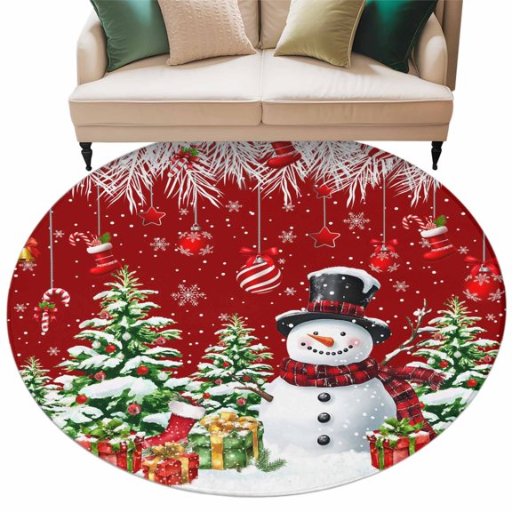Washable Round Area Rug Christmas Tree Snowman Circle Rugs Floor Carpet for Living Room Bedroom, Winter Snowflake Fir Leaf on Red Soft Non Slip Round Rug 5ft