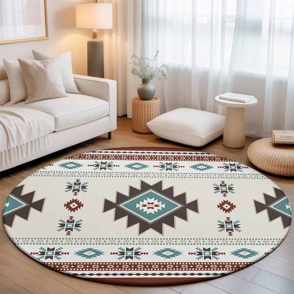 Washable Round Area Rug Classic Aztec Pattern Circle Rugs Floor Carpet for Living Room Bedroom, Southwest Wind Bohemian Art Soft Non Slip Round Rug 3ft
