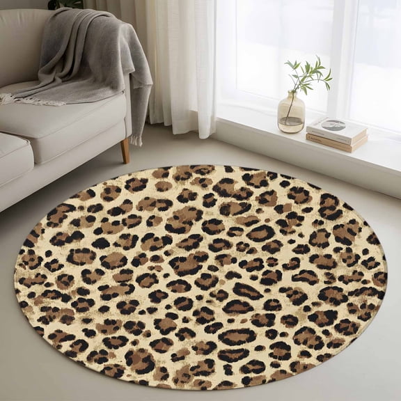 Washable Round Area Rug Classic Leopard Print Circle Rugs Floor Carpet for Living Room Bedroom, African Animal Skin Texture Soft Non Slip Round Rug 3ft