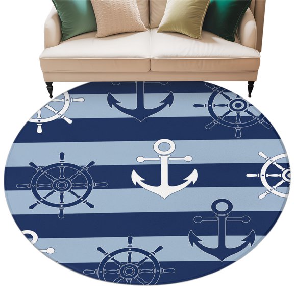 Washable Round Area Rug Coastal Anchor Compass Circle Rugs Floor Carpet for Living Room Bedroom, Nautical Theme Navy Blue Stripe Soft Non Slip Round Rug 5ft