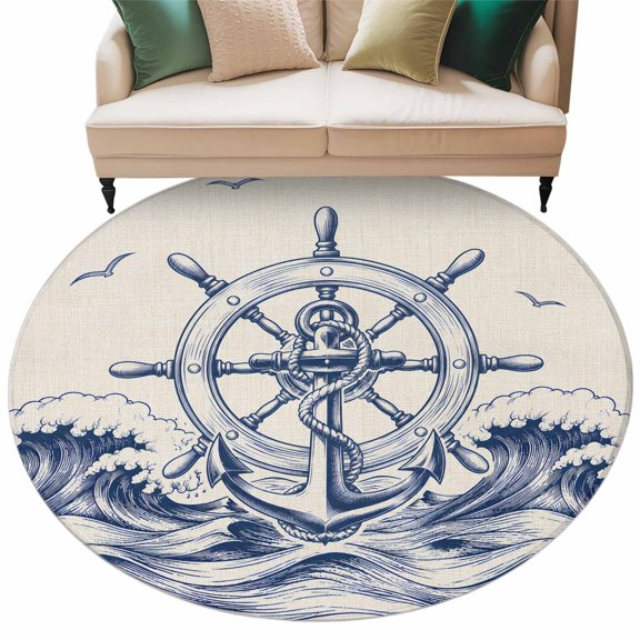Washable Round Area Rug Coastal Anchor Compass Retro Linen Circle Rugs Floor Carpet for Living Room Bedroom, Ocean Wave Seagull Soft Non Slip Round Rug 5ft