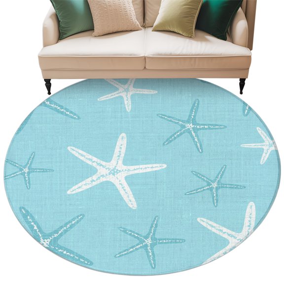 Washable Round Area Rug Coastal Aqua Starfish Circle Rugs Floor Carpet for Living Room Bedroom, Summer Beach White Starfishs Soft Non Slip Round Rug 5ft