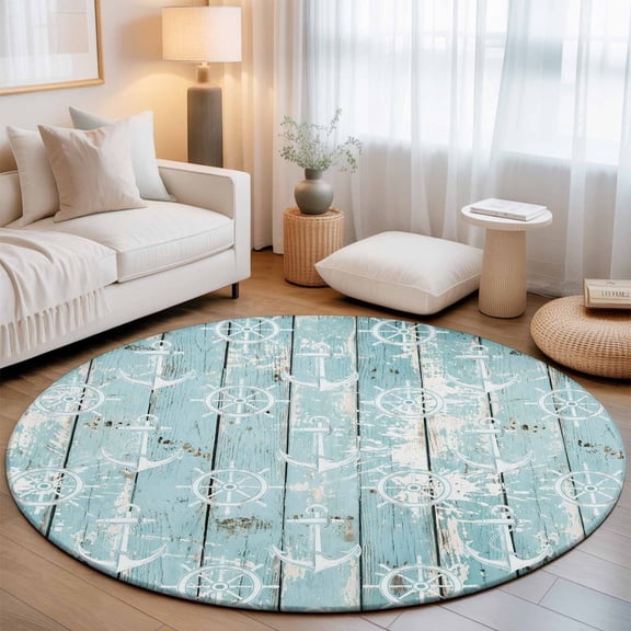 Washable Round Area Rug Coastal Compass Anchor Seamless Circle Rugs Floor Carpet for Living Room Bedroom, Nautical Shabby Wood Plank Soft Non Slip Round Rug 3ft