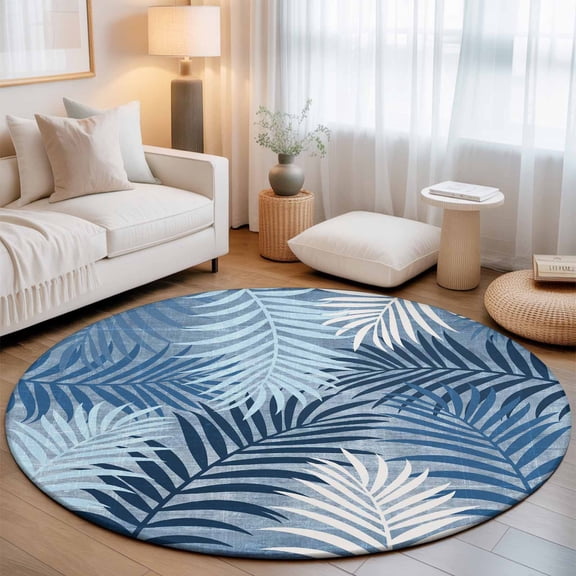 Washable Round Area Rug Coastal Navy Botanical Palm Leaves Circle Rugs Floor Carpet for Living Room Bedroom, Midnight Blue Plants Soft Non Slip Round Rug 3ft