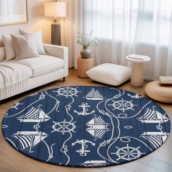 Washable Round Area Rug Coastal Sailboat Compass Anchor Circle Rugs Floor Carpet for Living Room Bedroom, Nautical Theme Navy Blue Wood Soft Non Slip Round Rug 3ft