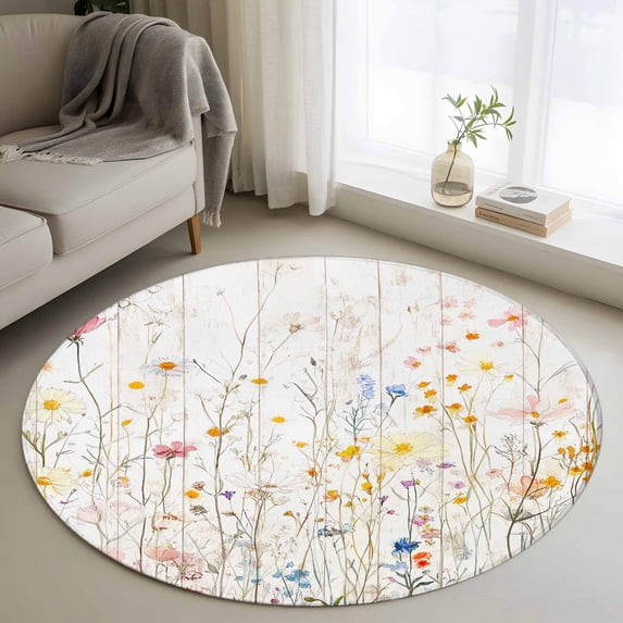 Washable Round Area Rug Colorful Flower Country Floral Circle Rugs Floor Carpet for Living Room Bedroom, Wildflower Watercolor Soft Non Slip Round Rug 4ft