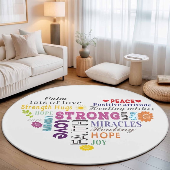 Washable Round Area Rug Colorful Inspirational Quotes with Love Heart Circle Rugs Floor Carpet for Living Room Bedroom, White Soft Non Slip Round Rug 3ft