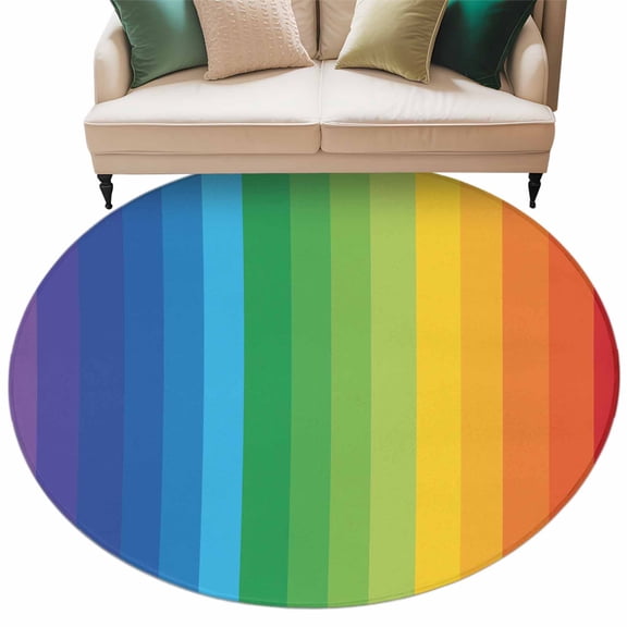 Washable Round Area Rug Colorful Stripes Gradient Art Circle Rugs Floor Carpet for Living Room Bedroom, Modern Rainbow Texture Soft Non Slip Round Rug 5ft