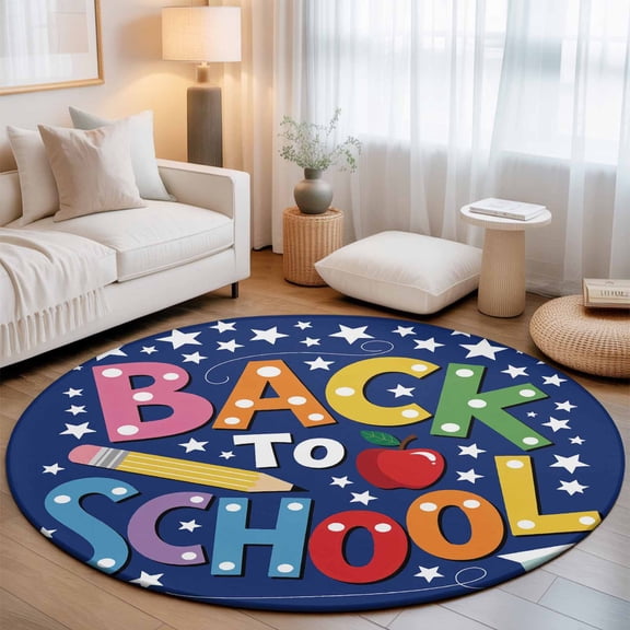Washable Round Area Rug Colorful Word Pencil Stars Navy Blue Circle Rugs Floor Carpet for Living Room Bedroom, Back to School Season Soft Non Slip Round Rug 3ft