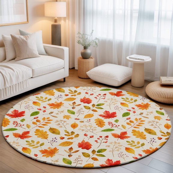 Washable Round Area Rug Country Fall Maple Leaf Circle Rugs Floor Carpet for Living Room Bedroom, Vintage Farmhouse Leaves Soft Non Slip Round Rug 3ft