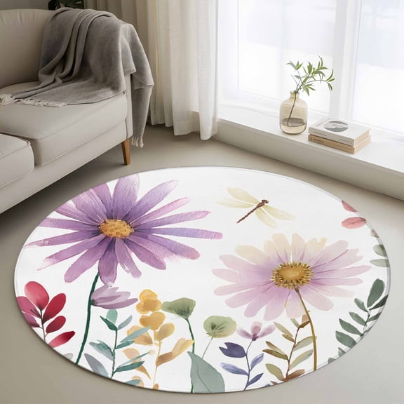 Washable Round Area Rug Country Field Purple Flowers Circle Rugs Floor Carpet for Living Room Bedroom, Farm Floral Art Soft Non Slip Round Rug 3ft