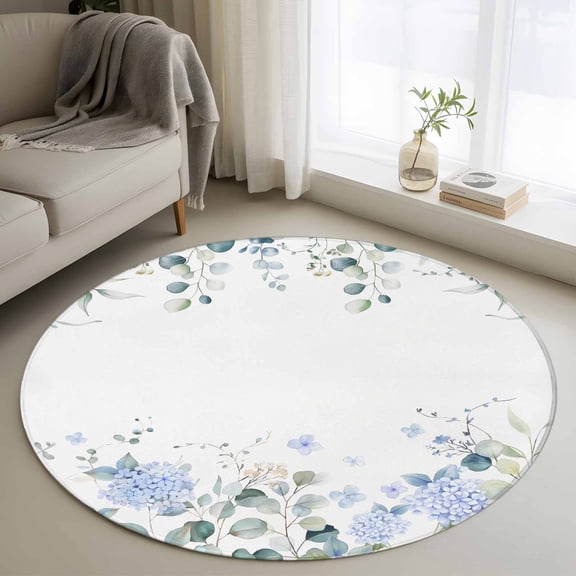 Washable Round Area Rug Country Flower Eucalyptus Leaf Circle Rugs Floor Carpet for Living Room Bedroom, Hydrangea Floral on White Soft Non Slip Round Rug 3ft