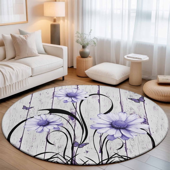 Washable Round Area Rug Country Gradient Purple Daisy Circle Rugs Floor Carpet for Living Room Bedroom, Butterfly on Wood Grain Soft Non Slip Round Rug 3ft