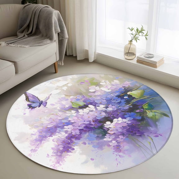Washable Round Area Rug Country Lavender Butterfly Purple Gradient Circle Rugs Floor Carpet for Living Room Bedroom, Vintage Oil Painting Art Soft Non Slip Round Rug 3ft