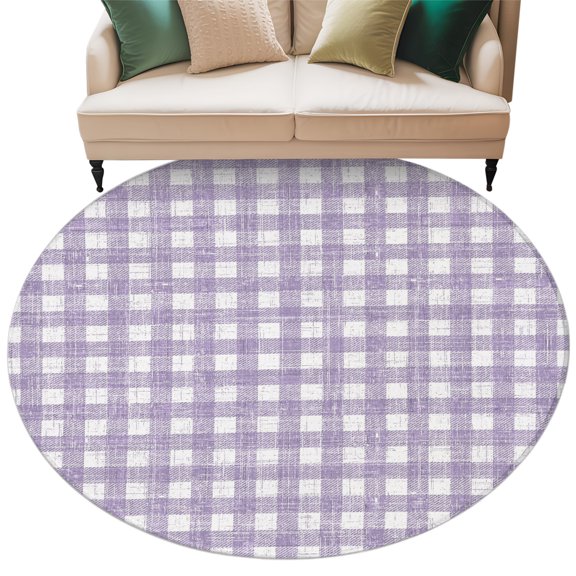 Washable Round Area Rug Country Vintage Buffalo Check Circle Rugs Floor Carpet for Living Room Bedroom, Retro Purple Checkered Soft Non Slip Round Rug 5ft