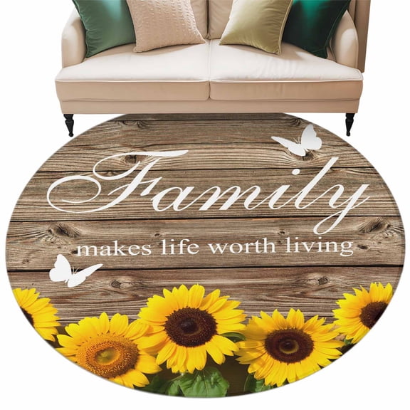 Washable Round Area Rug Country Yellow Sunflower on Wood Board Circle Rugs Floor Carpet for Living Room Bedroom, Positive Quote Soft Non Slip Round Rug 5ft
