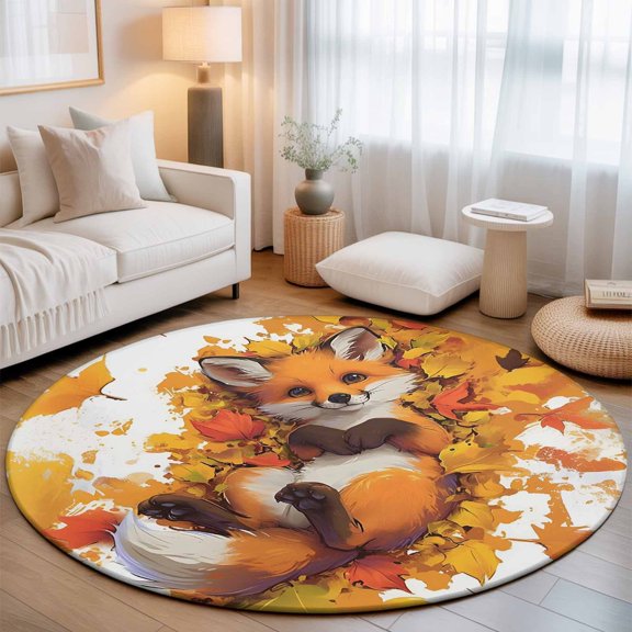 Washable Round Area Rug Cute Fox Lying in Orange Maple Leaves Circle Rugs Floor Carpet for Living Room Bedroom, Autumn Botanical Animal Soft Non Slip Round Rug 3ft