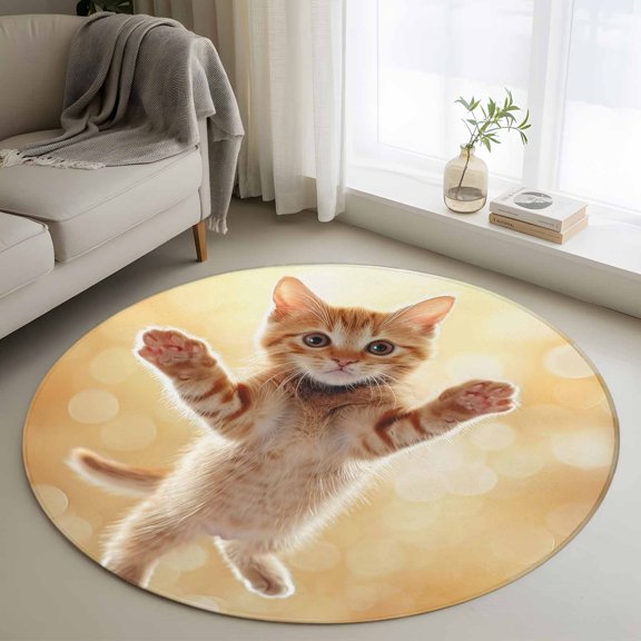 Washable Round Area Rug Cute Orange Cat Circle Rugs Floor Carpet for Living Room Bedroom, Lovely Modern Floating Kitten Pet Soft Non Slip Round Rug 3ft