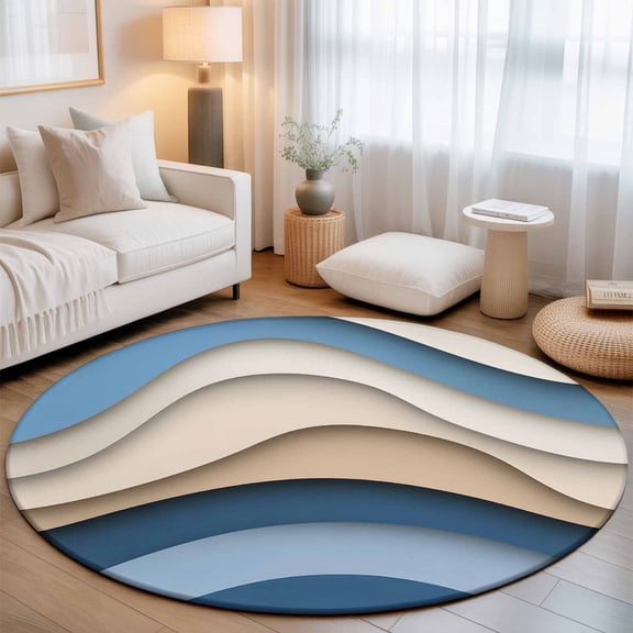 Washable Round Area Rug Dark Blue Brown Gradient Abstract Waves Circle Rugs Floor Carpet for Living Room Bedroom, Water Ripple Soft Non Slip Round Rug 3ft