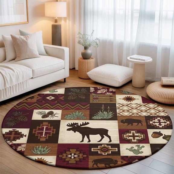 Washable Round Area Rug Deer Farm Wood Grain Circle Rugs Floor Carpet for Living Room Bedroom, Retro Ethnic Style Soft Non Slip Round Rug 3ft