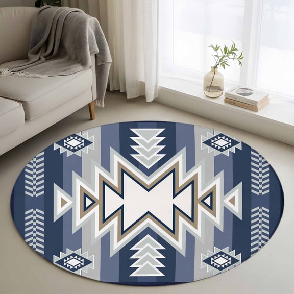 Washable Round Area Rug Ethnic Boho Morocco Theme Circle Rugs Floor Carpet for Living Room Bedroom, Aztec Blue Geometric Art Soft Non Slip Round Rug 3ft
