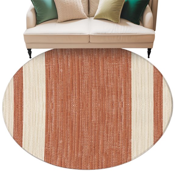 Washable Round Area Rug Fall Burnt Orange Stripe Circle Rugs Floor Carpet for Living Room Bedroom, Retro Linen Soft Non Slip Round Rug 5ft