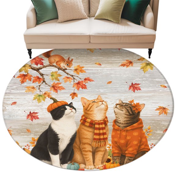 Washable Round Area Rug Fall Maple Leaf Squirrel Circle Rugs Floor Carpet for Living Room Bedroom, Thanksgiving Cat Pumpkin Sunflower Soft Non Slip Round Rug 5ft