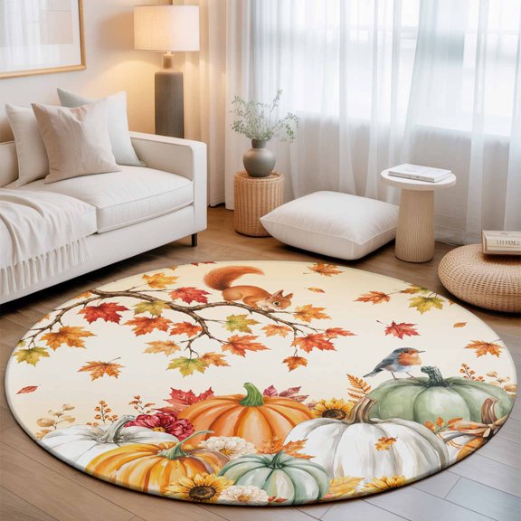 Washable Round Area Rug Fall Pumpkin Sunflower Maple Leaf Circle Rugs Floor Carpet for Living Room Bedroom, Thanksgiving Squirrel Bird Soft Non Slip Round Rug 3ft