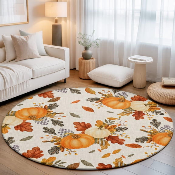 Washable Round Area Rug Fall Pumpkin Thanksgiving Theme Circle Rugs Floor Carpet for Living Room Bedroom, Farm Autumn Leaves Linen Soft Non Slip Round Rug 3ft
