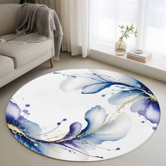 Washable Round Area Rug Fantasy Ink Abstract Art Circle Rugs Floor Carpet for Living Room Bedroom, Gradient Purple Blue Soft Non Slip Round Rug 3ft