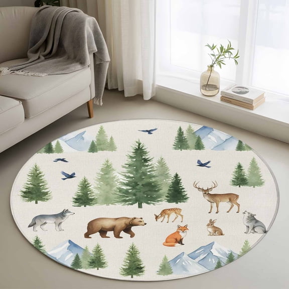 Washable Round Area Rug Farm Animal Bear Fox Deer Circle Rugs Floor Carpet for Living Room Bedroom, Watercolor Green Trees Soft Non Slip Round Rug 3ft