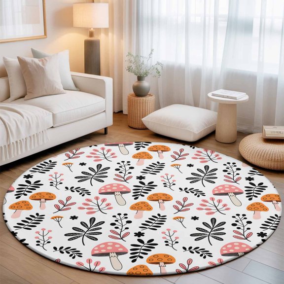 Washable Round Area Rug Farm Mushroom Leaf Cartoon Style Circle Rugs Floor Carpet for Living Room Bedroom, Autumn Leaves Seamless Soft Non Slip Round Rug 3ft