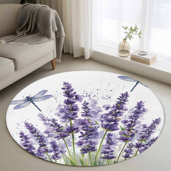 Washable Round Area Rug Farm Purple Flowers Lavender Circle Rugs Floor Carpet for Living Room Bedroom, Country Dragonfly Soft Non Slip Round Rug 3ft