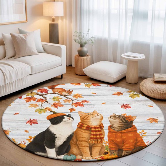 Washable Round Area Rug Farmhouse Cat Fall Maple Leaf Circle Rugs Floor Carpet for Living Room Bedroom, Thanksgiving Pumpkin Wood Plank Soft Non Slip Round Rug 3ft