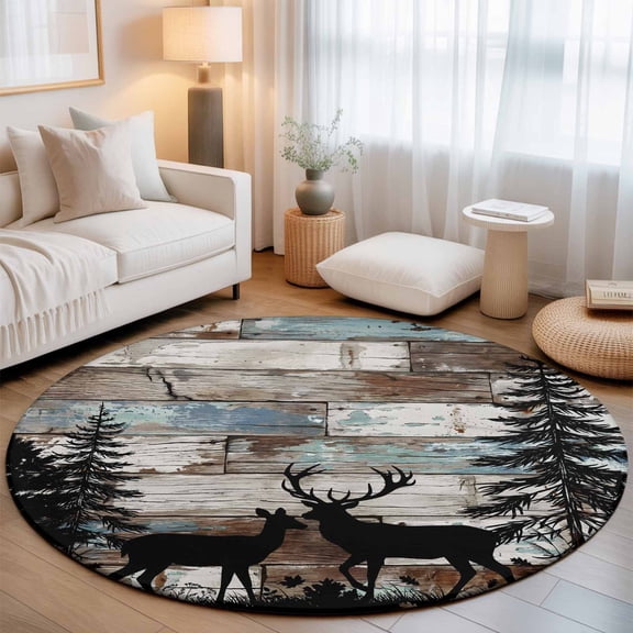 Washable Round Area Rug Farmhouse Deer Pine Tree Circle Rugs Floor Carpet for Living Room Bedroom, Forest Animal Plant Retro Wood Plank Soft Non Slip Round Rug 3ft
